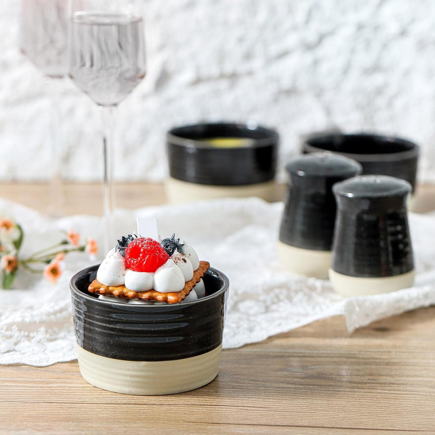 Ramekins 8 OZ Oven Safe,Set of 6 Ceramic Creme Brulee Ramekins,Mini Dessert Bowls for Souffle,Dipping Sauce,Ice Cream,Pudding and Charcuterie,Microwave & Oven Safe,Patchwork Black