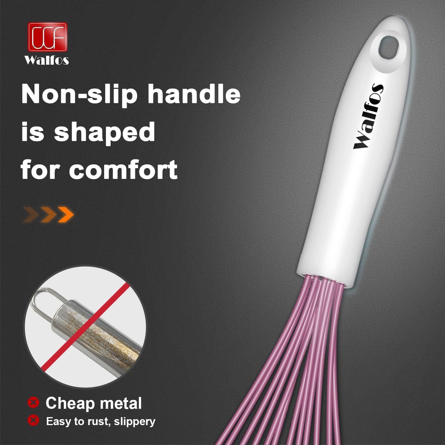 Walfos Whisk, Silicone Whisks for Cooking & Baking Non Scratch Rubber Coated Pink Whisk for Non-stick Wisk, Perfect for Frothing, Blending, Beating and Whisking (3pack Pink)