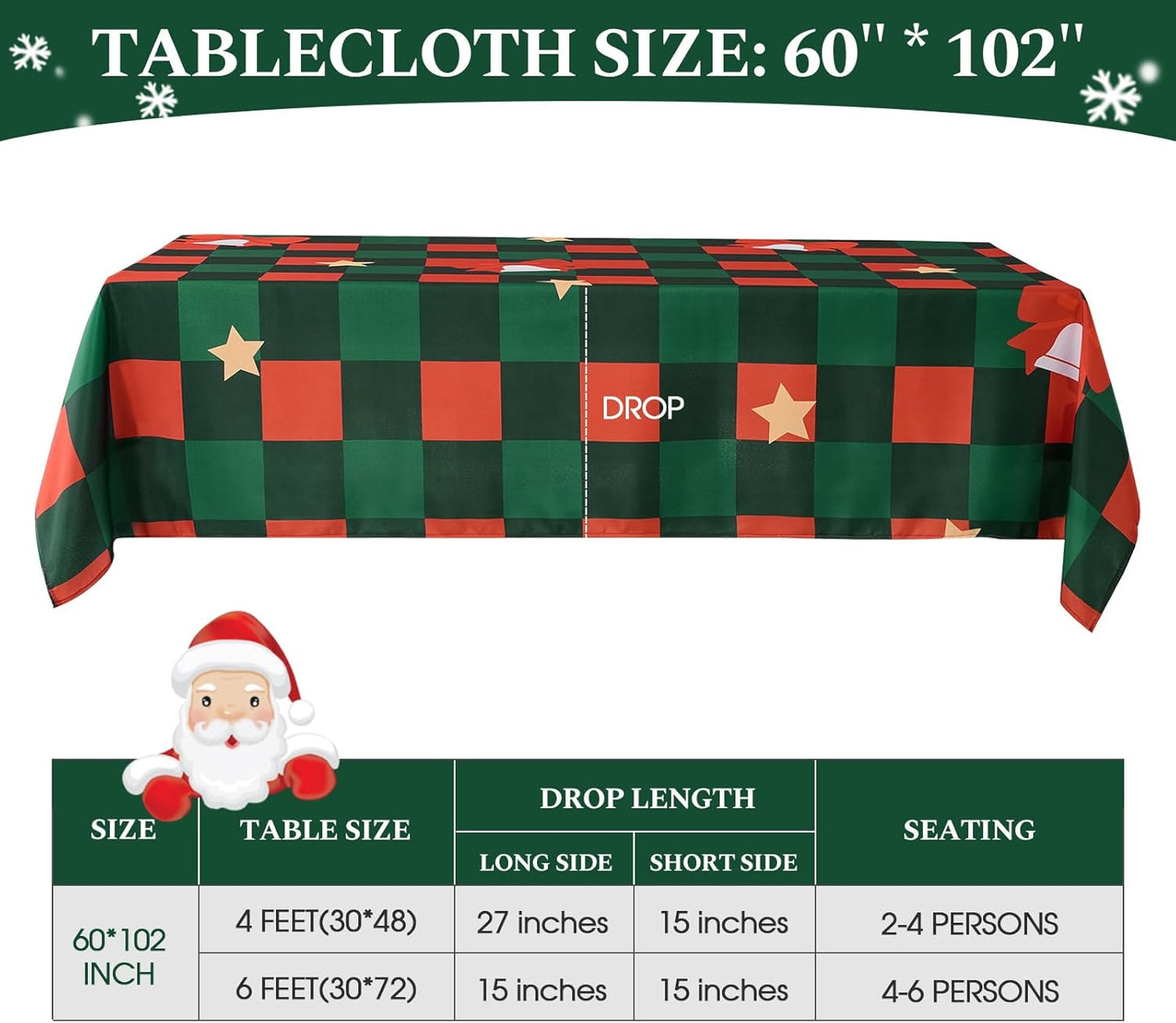 Christmas Tablecloth Rectangular 60x102 Inch Waterproof, Machine Washable Checkered Polyester Table Cover for Xmas Party, Winter Holiday Home Decoration in Festive Checkered Star 1pack