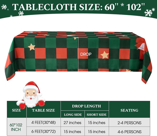 Christmas Tablecloth Rectangular 60x102 Inch Waterproof, Machine Washable Checkered Polyester Table Cover for Xmas Party, Winter Holiday Home Decoration in Festive Checkered Star 1pack