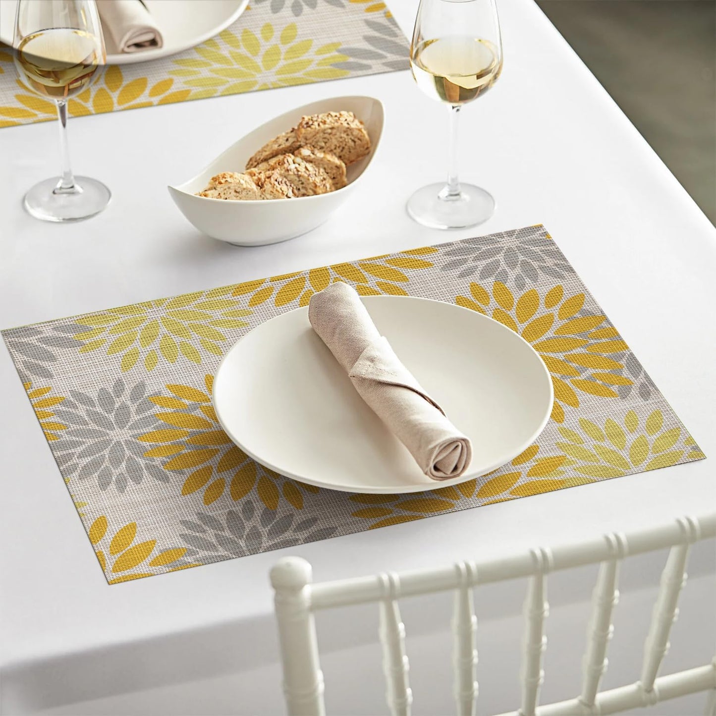 Artoid Mode Floral Plastic Placemats Set of 6, 12x18 Inch Washable Non-Slip Plastic Vinyl Place Mats for Party Kitchen Dining Decor, Yellow