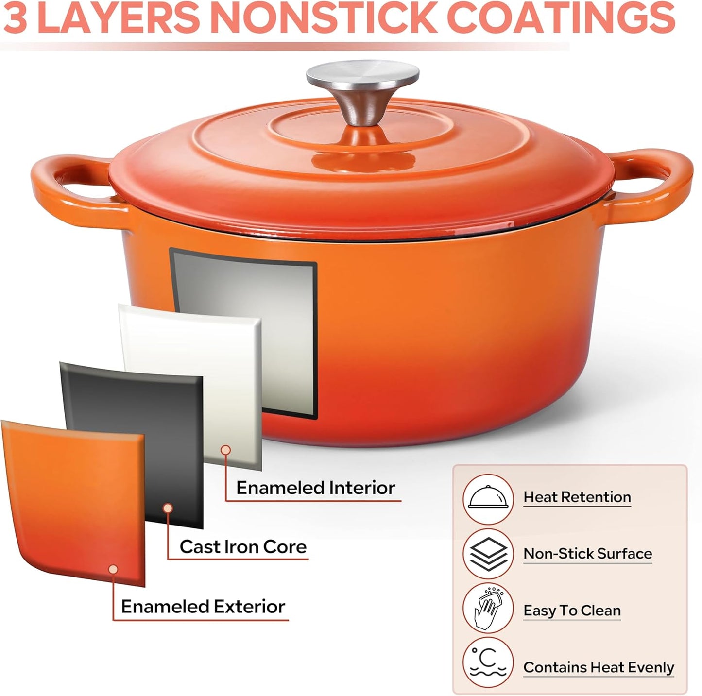 Herogo Enameled Cast Iron Dutch Oven with Lid and Dual Handles, 3QT Heavy Duty Round Dutch Oven Pot for Bread Baking Stewing Roasting, Nonstick & Easy Cleanup, Safe for Various Stovetops - Orange