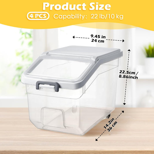 Sunnyray 4 Pcs Rice Storage Container 22 lb Airtight Flour Container with Wheels Measuring Cup Clear Pet Food Cube Dog Cat Birds Food Bin Grain Cereal Organizer Box for Dry Baking Supplies(White Lid)