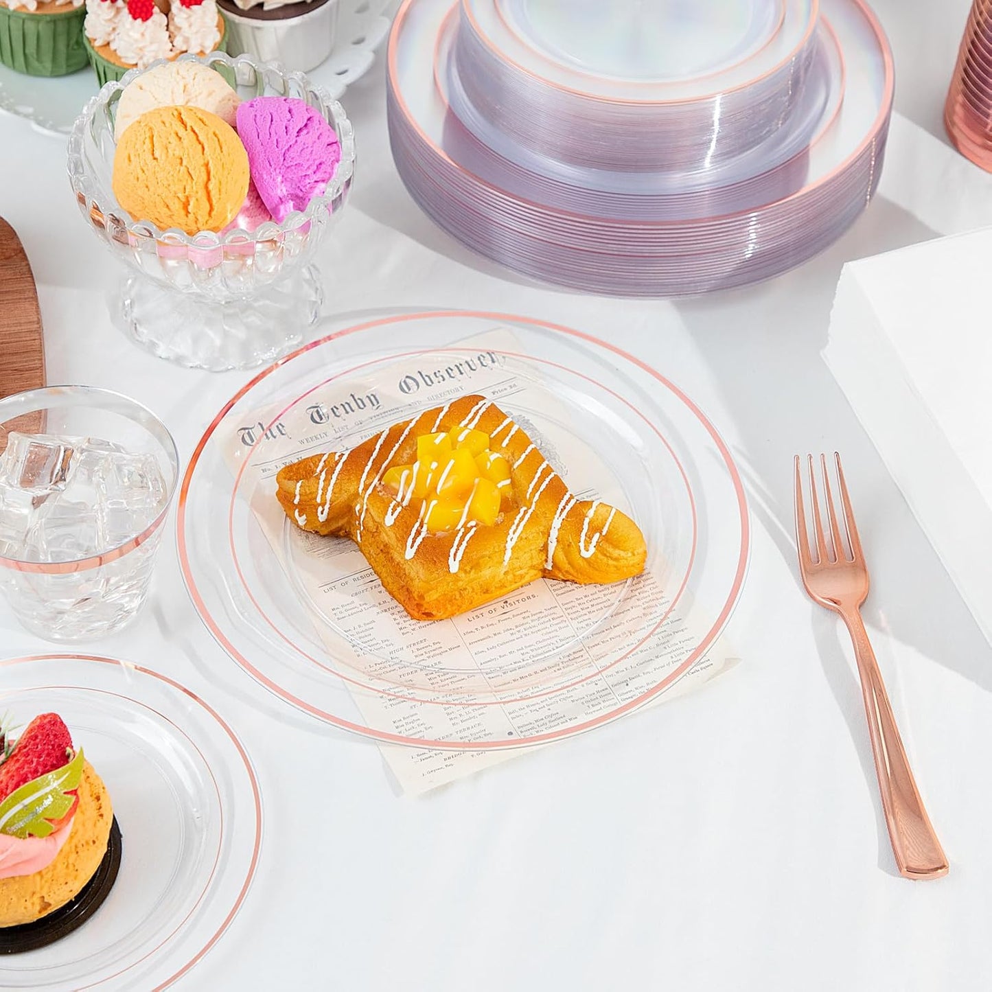 GATHER 350PCS Rose Gold Plastic Plates - Disposable Rose Gold Dinnerware Includes 100 Clear Rose Golds Rimmed Plastic Plates, 150 Silverware, 50 Napkins, 50 Cups for Party, Wedding