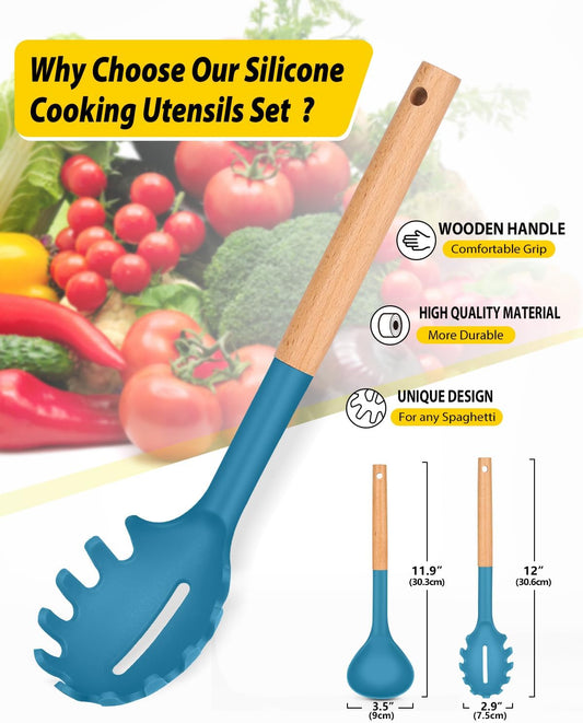Silicone Pasta Fork and Ladle Spoon Set with Wooden Handle, Heat Resistant Non Stick Kitchen Utensils for Cooking, Stirring, Serving Spaghetti, Soup, Sauce(BLUE)