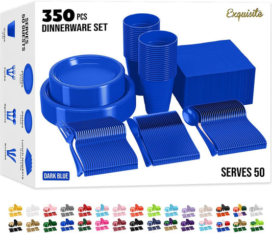 Party Solids 350 Pieces Dark Blue Plastic Plates For Party, Dark Blue Disposable Plates Set, 50 Of Each 9" Dinner Plate Set, 7" Dessert Plate, Cups, Napkins & Cutlery Plastic Dinnerware
