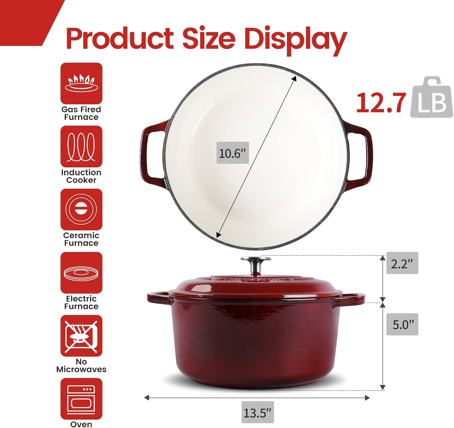 Enameled Cast Iron Dutch Oven Pot With Lid, Dutch Oven for Sourdough Bread Baking Round Pot Dule Handle, 6 Quart, Wine Red