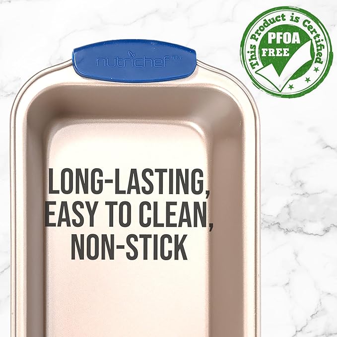 NutriChef Non Stick Loaf Baking Pan, Deluxe Gold Carbon Steel Pan with Blue Silicone Handles, Quality Metal Bakeware For Cooking & Baking Cake Loaf, Muffins & More, Compatible with Model NCSBSG36