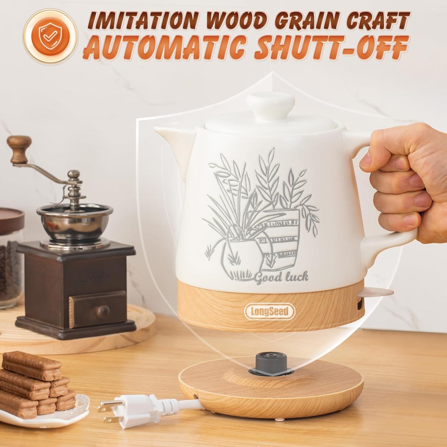 Ceramic Electric Kettle Pot 1 Liter, Teapot Rapid Boil For Coffee & Tea, Hot Water Boiler, Automatic Shut-Off, BPA-Free, Boil-Dry Protection, 1000W