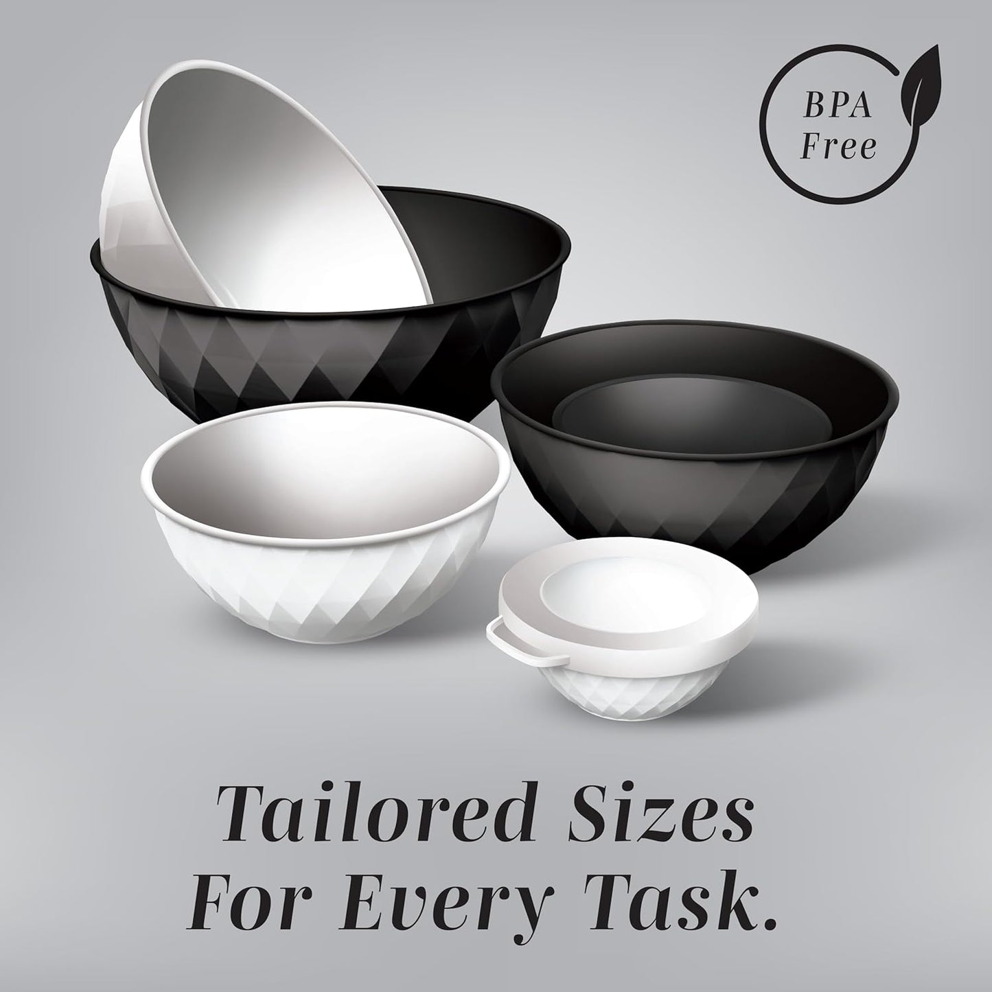 COOK WITH COLOR Mixing Bowls with Lids - 12 Piece Plastic Nesting Bowls Set includes 6 Prep Bowls and 6 Lids, Diamond Design - Microwave Safe, Black and White