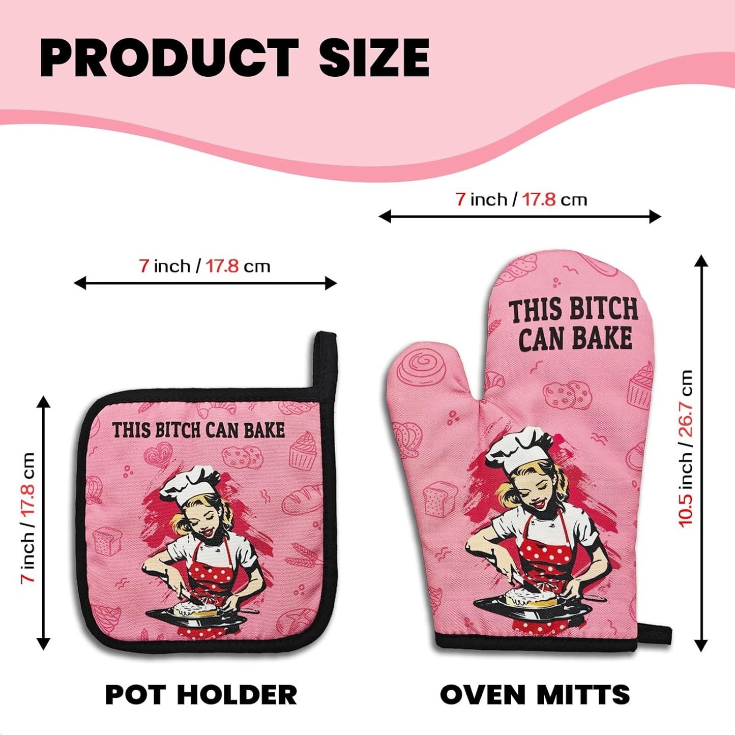 Funny Oven Mitts and Pot Holders（Set of 2） This Bxxch Can Bake Heat Resistant Mitts Retro Silicone Non-Slip Oven Mitts Kitchen Gift for Men Women Great Birthday Gift for Bake Lover Chef Mom