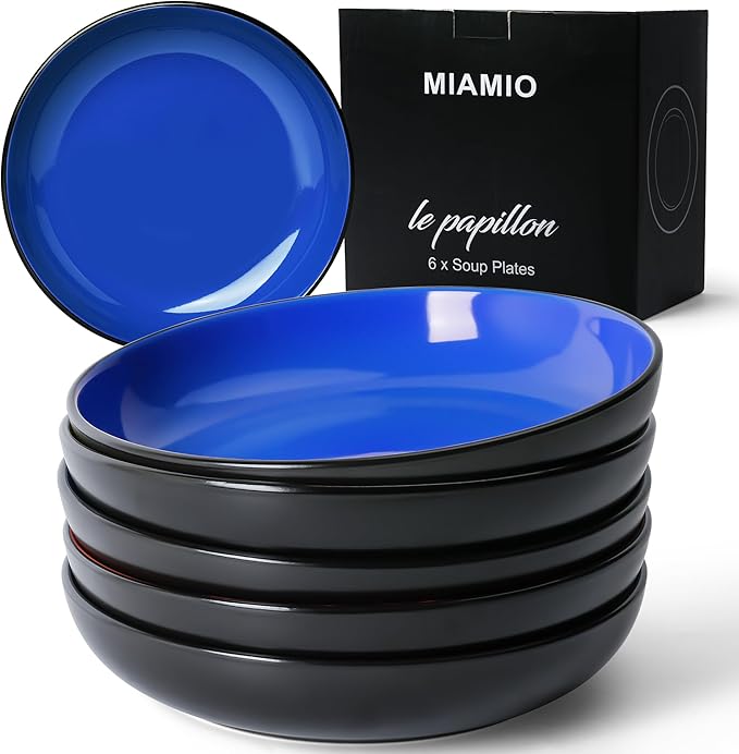 MIAMIO – 30 Oz / 8.6 Inch Set of 6 Pasta Bowls/Salad Bowls, Pasta Plates Wide and Shallow Bowl, Large Ceramic Stoneware Deep Plate Serving Soup - Le Papillon Collection (Blue)