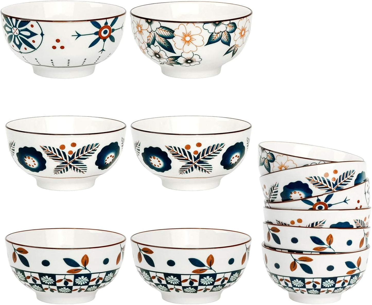 Flower Edge Ceramic Bowls, 4.5-Inch for Kitchen,Rice and Salad, Various Combinations of Japanese Style Blue and White Porcelain (Set of 6)