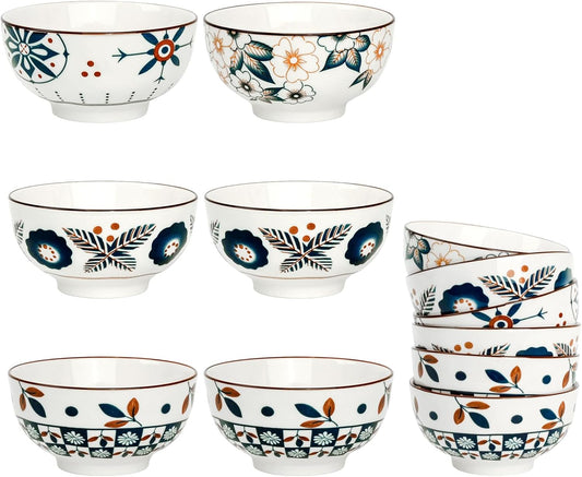 Flower Edge Ceramic Bowls, 4.5-Inch for Kitchen,Rice and Salad, Various Combinations of Japanese Style Blue and White Porcelain (Set of 6)