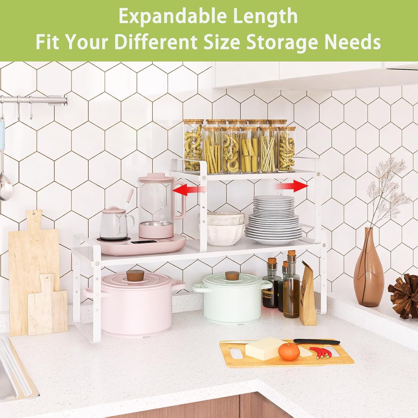 Expandable Cabinet Shelf Organizer Rack, Stackable Kitchen Counter Storage Shelves Stand, Adjustable Height Pantry Shelf Spice Rack (White, 1 Pack)