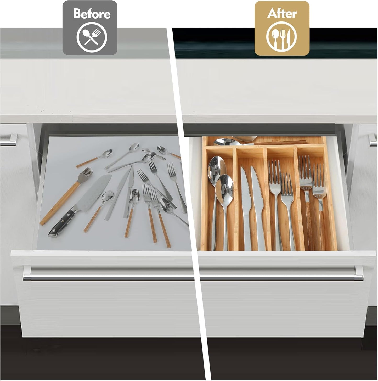 Bamboo Kitchen Drawer Organizer, 9 Inch Silverware Utensil Holder for Samll Drawer, Narrow Silverware Organizer for Cutlery Knives