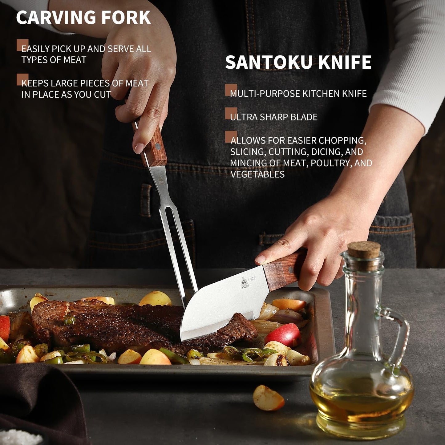 GRILLGEN 6-Piece Professional Griddle Accessories Kit for Griddle Cooking, Premium Rosewood Handles Spatulas Set with Scraper, Santoku Knife, Carving Fork, Storage Bag, Flat Top Grill Accessories