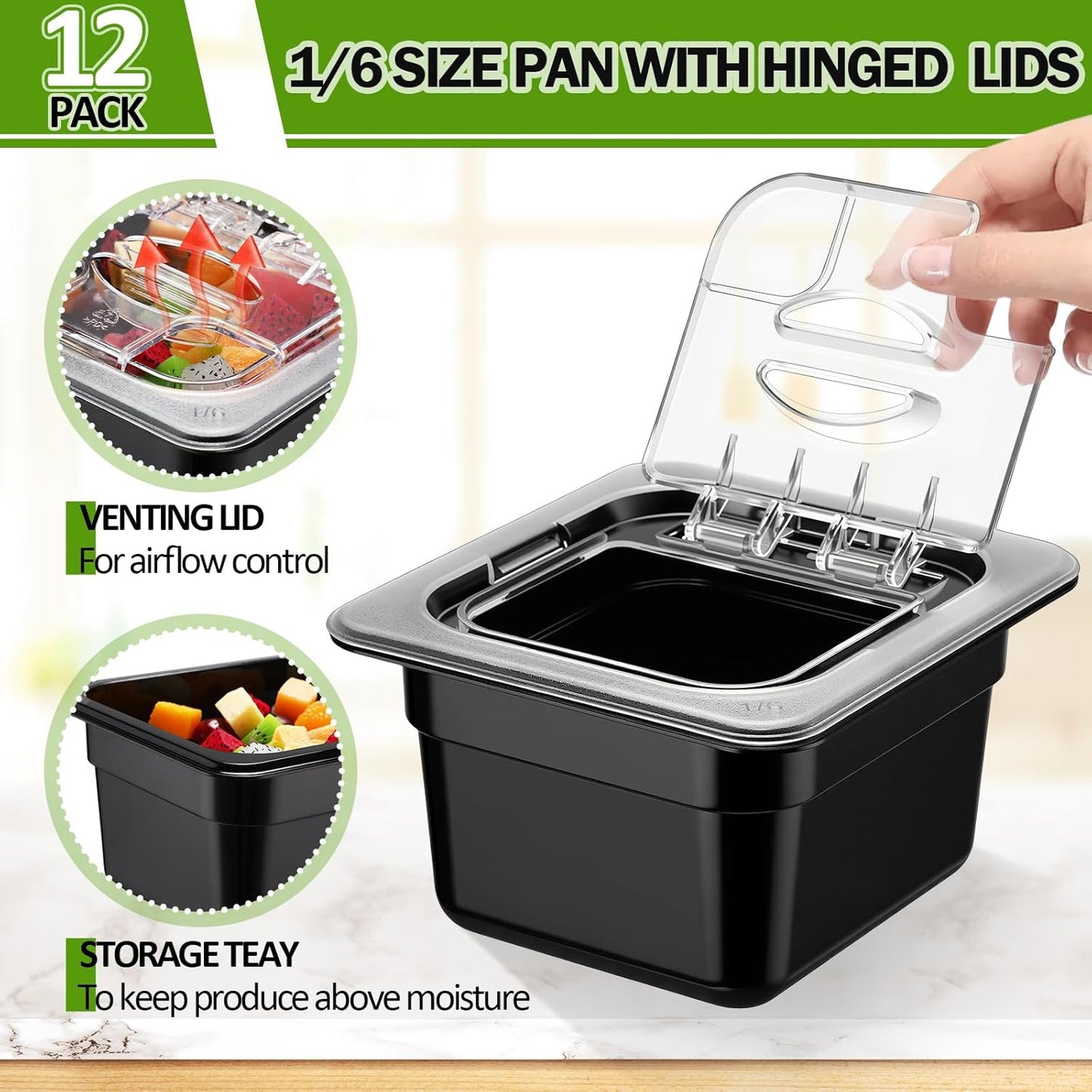 Geetery 12 Pack 4'' Deep Polycarbonate Food Pan with Lid Stackable Plastic Pan Restaurant Food Storage Containers with Hinged Lids for Hotel Supplies (Black)