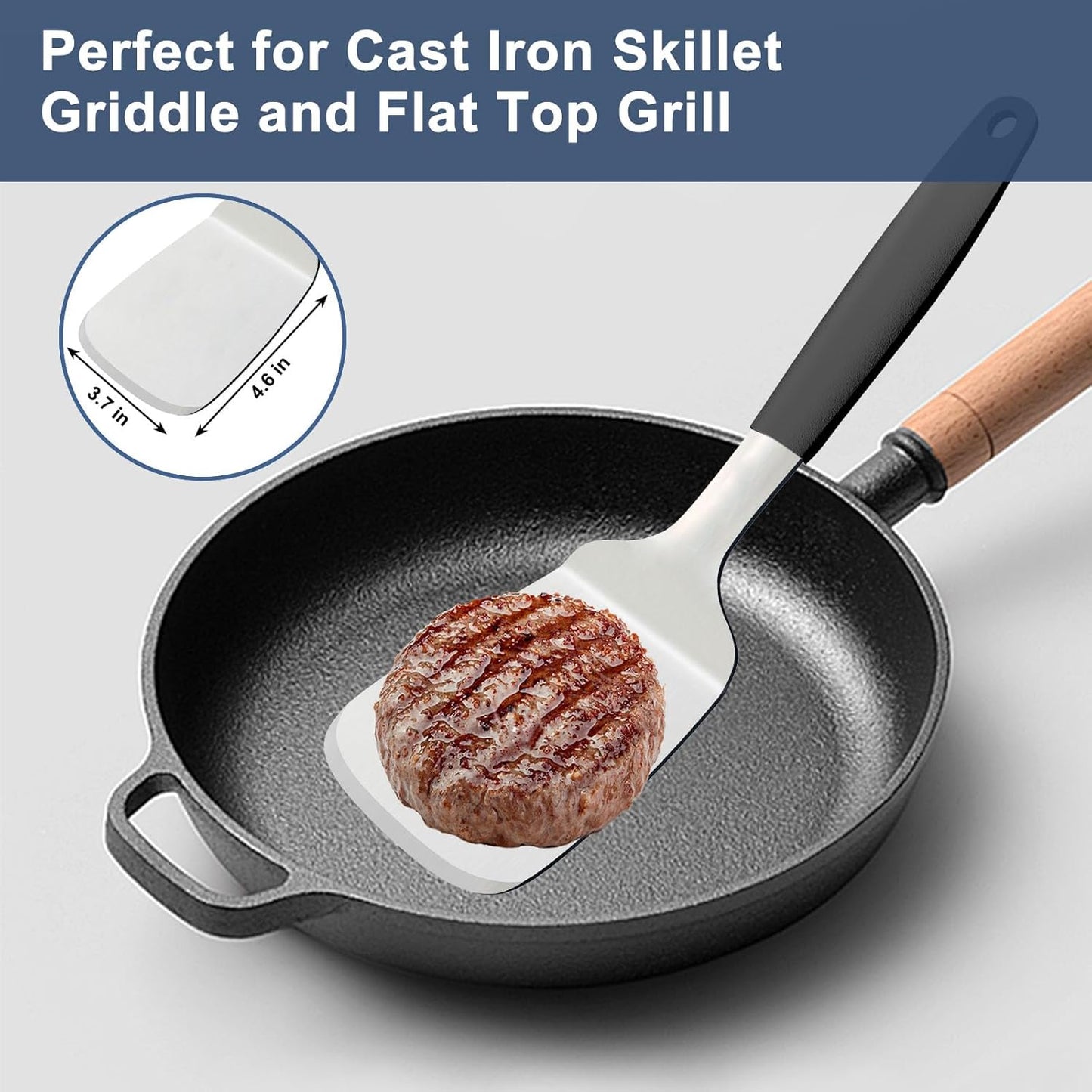 Stainless Steel Spatulas Set, 13.3 inch Metal Spatula, Full Tang Solid and Slotted Turner for Cooking Cast Iron Skillet, Heat Resistant Silicone Handle (Solid 4.6"x3.7")