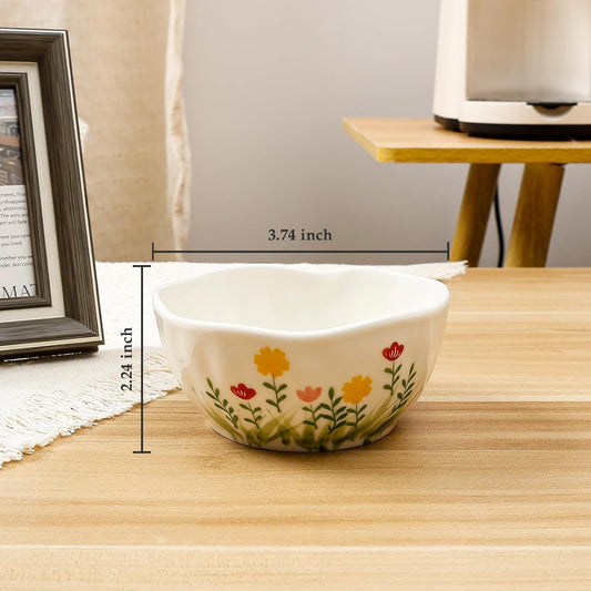 Koythin Ceramic Cereal Bowl, Cute Flowers Pattern Kitchen Bowls for Cereal, Salad, Pasta, Soup, Dessert, Serving, Home Decor, Microwave and Dishwasher Safe (Hand Drawn Flower Fields)