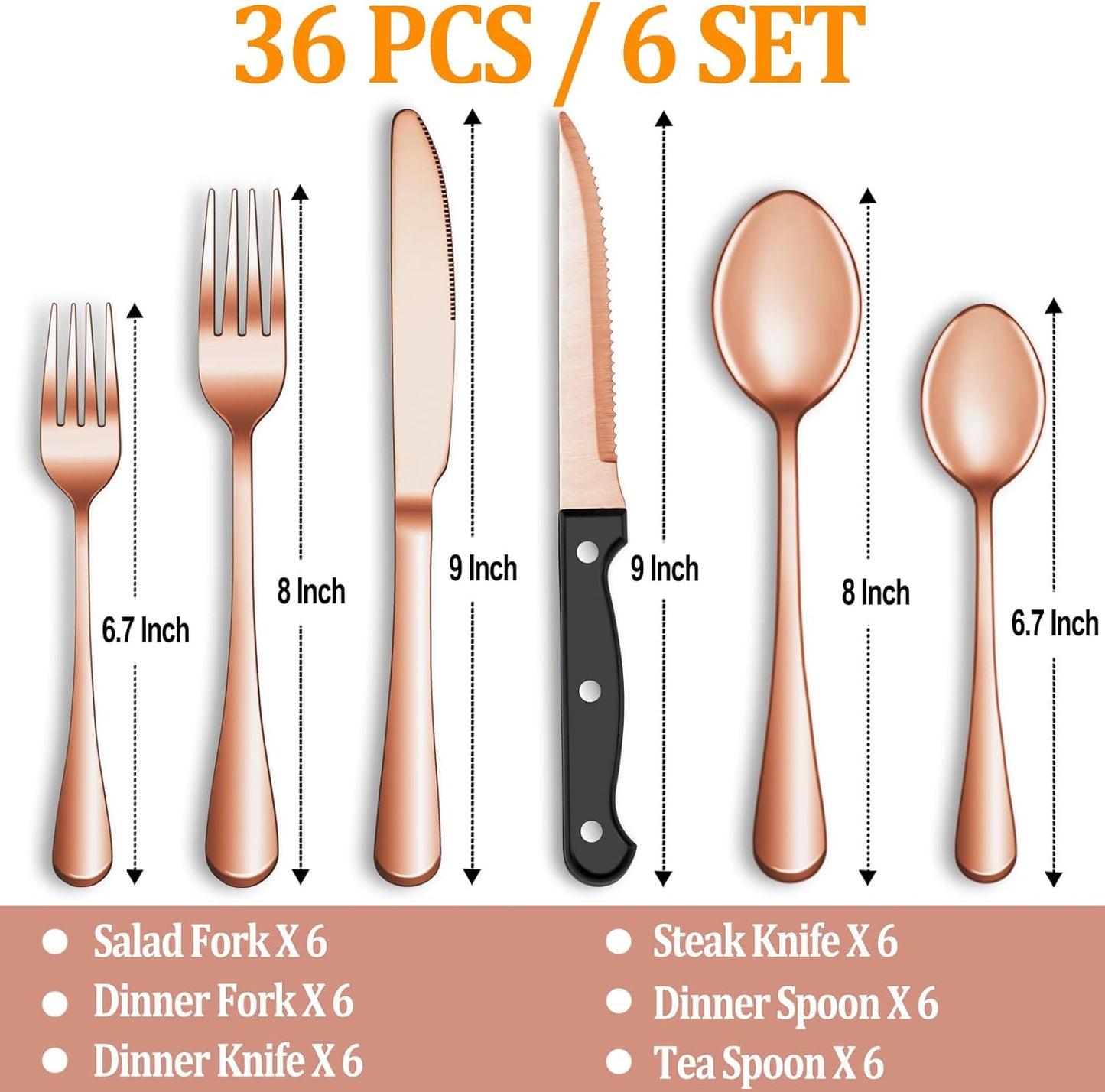 36 Pcs Rose Gold Silverware Set with Steak Knives Service for 6,Stainless Steel Flatware Set,Mirror Polished Cutlery Utensil Set, Kitchen Eating Tableware,Include Fork Knife Spoon Set,Dishwasher Safe