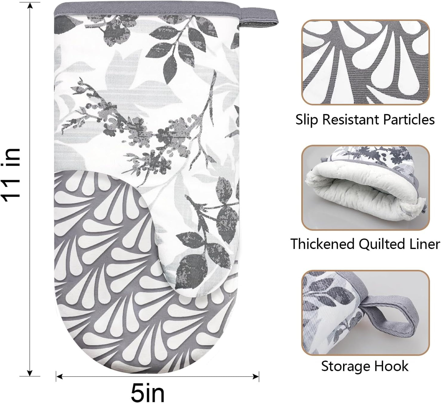 Thumb Oven Mitts, Heat and Slip Resistant Silicone Kitchen Mittens 2-Pack Set, Foliage Textured Flower Soft Long Oven Gloves, Flexible Thick Potholders for Safe Baking Cooking and Gr (Grayish)