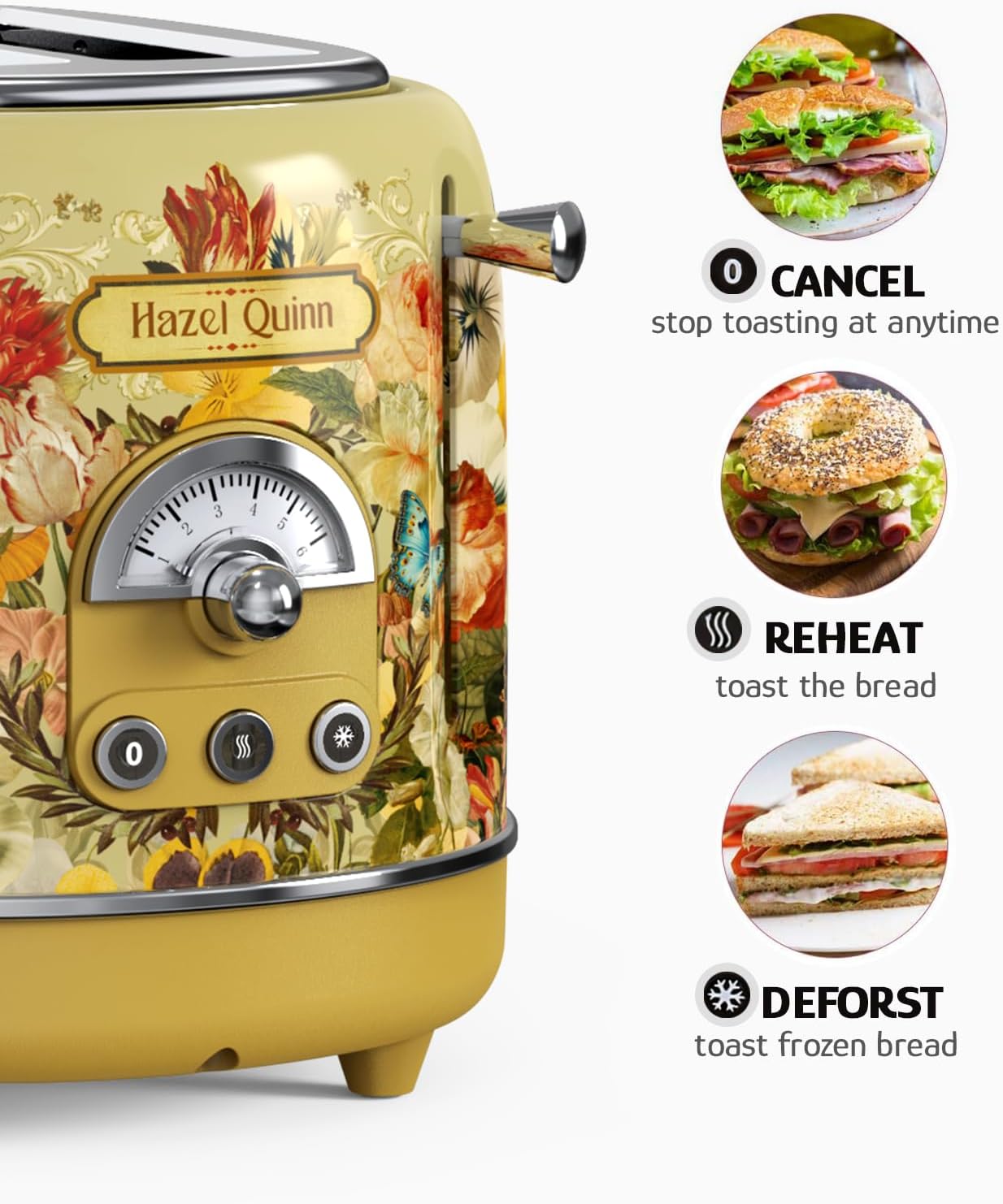 Hazel Quinn X Eduardo Recife Collaboration 2-Slice Retro Toaster, 6 Browning Levels, 3 Functions-Defrost/Reheat/Cancel, Removable Crumb Tray for Easy to Clean, 1.5 Inches Extra Wide Slots