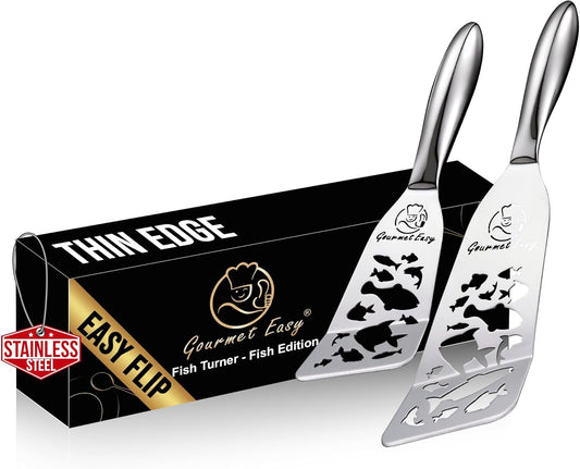 Stainless Steel Fish Spatula Set – Funky Fish Edition, 1 Large Fish Turner + 1 Small Metal Spatula, Ultra Thin Edge for Easy Turning & Flipping, Ergonomic Non-Slip Handle, Dishwasher Safe