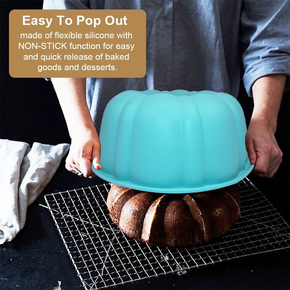 10 inch Silicone Bundt Cake Pan, Non-Stick Silicone Fluted Pans, ome Baking DIY Cake Mold for Cake, Jelly, Bread, Chocolate, Para Gelatinas (Red) (Blue, 1 Pack)