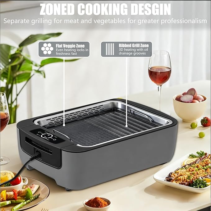 WT-ISG802 Indoor Smokeless Grill – 1100W Electric Grill Indoor with Dual Turbo Smoke Extractor, Dishwasher Safe Plates, Portable and Detachable Indoor Electric Smokeless Grill with Drip Pan