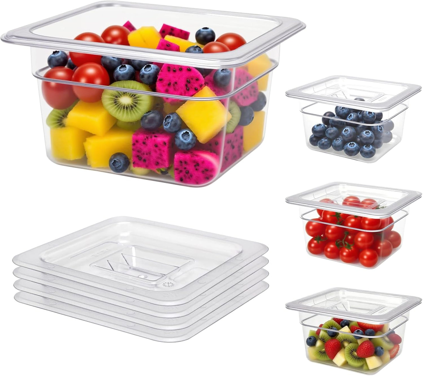 4 Pack Plastic Food Pans with Lids,1/6Size4 Inch Stackable Restaurant Clear Food Storage Containers,Polycarbonate Commercial Hotel Pans for Fruits Vegetables Beans Corns(4Pack 4" Deep)