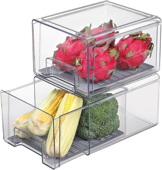 Plastic Clear Fridge Storage Organizer with Drawers & Drainer - Stackable Bins for Kitchen Fruit & Veggie Organization (2PCS, Large)