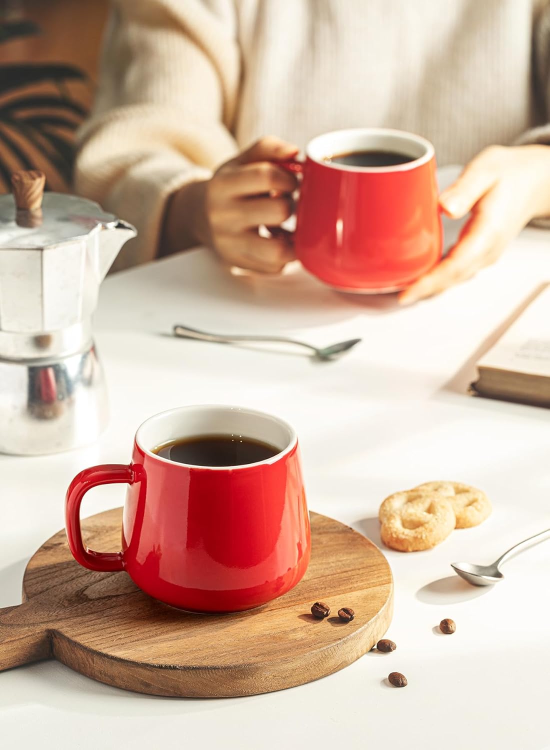 Teocera Ceramic Coffee Mug Set of 4-12 oz Coffee Mugs with Large Handles for Hot or Cold Drinks Like Latte, Cocoa, Tea or Juice - Smooth Ceramic, Dishwasher Safe, Red