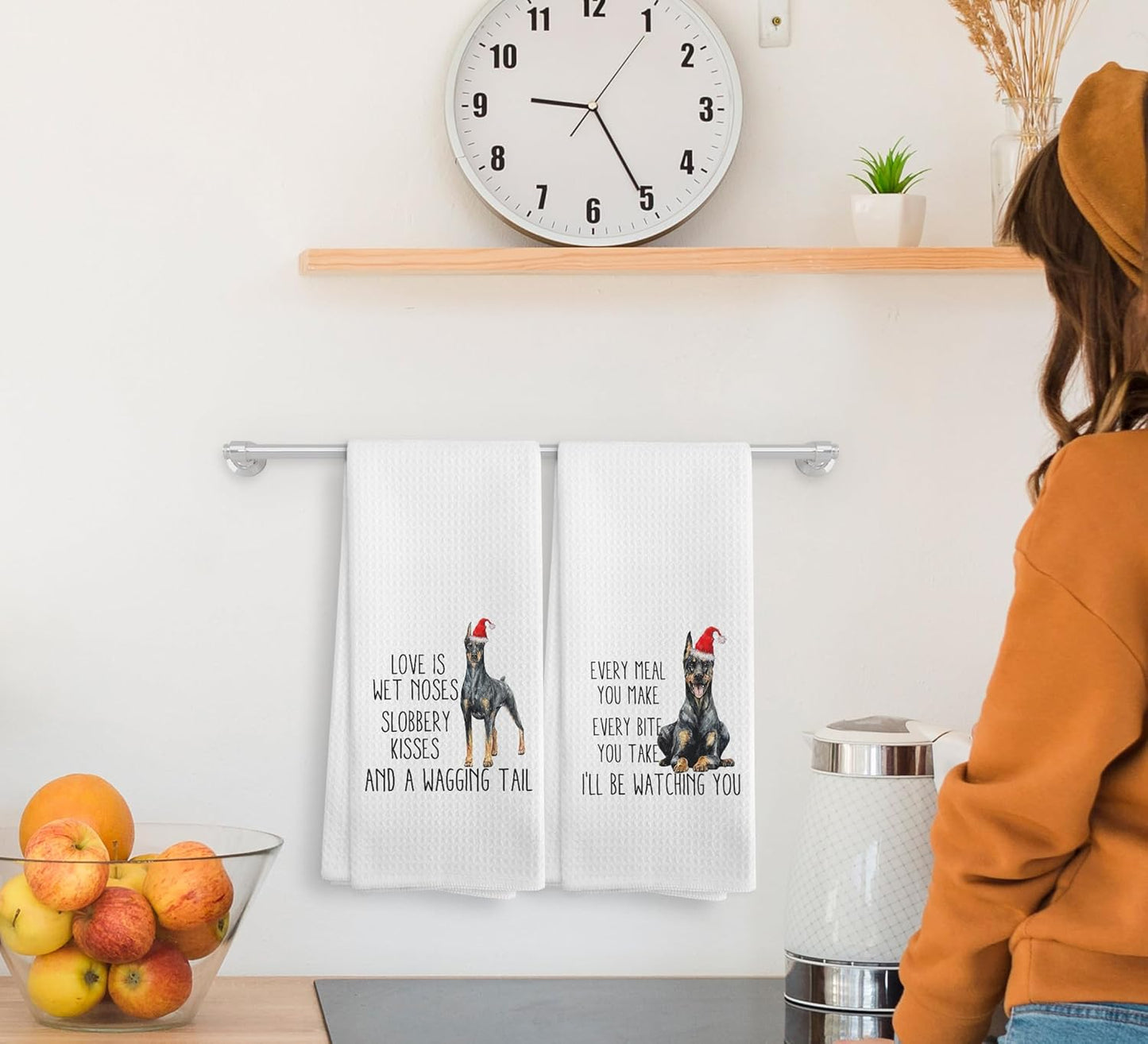 Funny Christmas Doberman Kitchen Towels and Dishcloths Set of 2, Dog Ornament, Decor, Gifts for Women Dog Lovers, Accessories, 1624 Inches