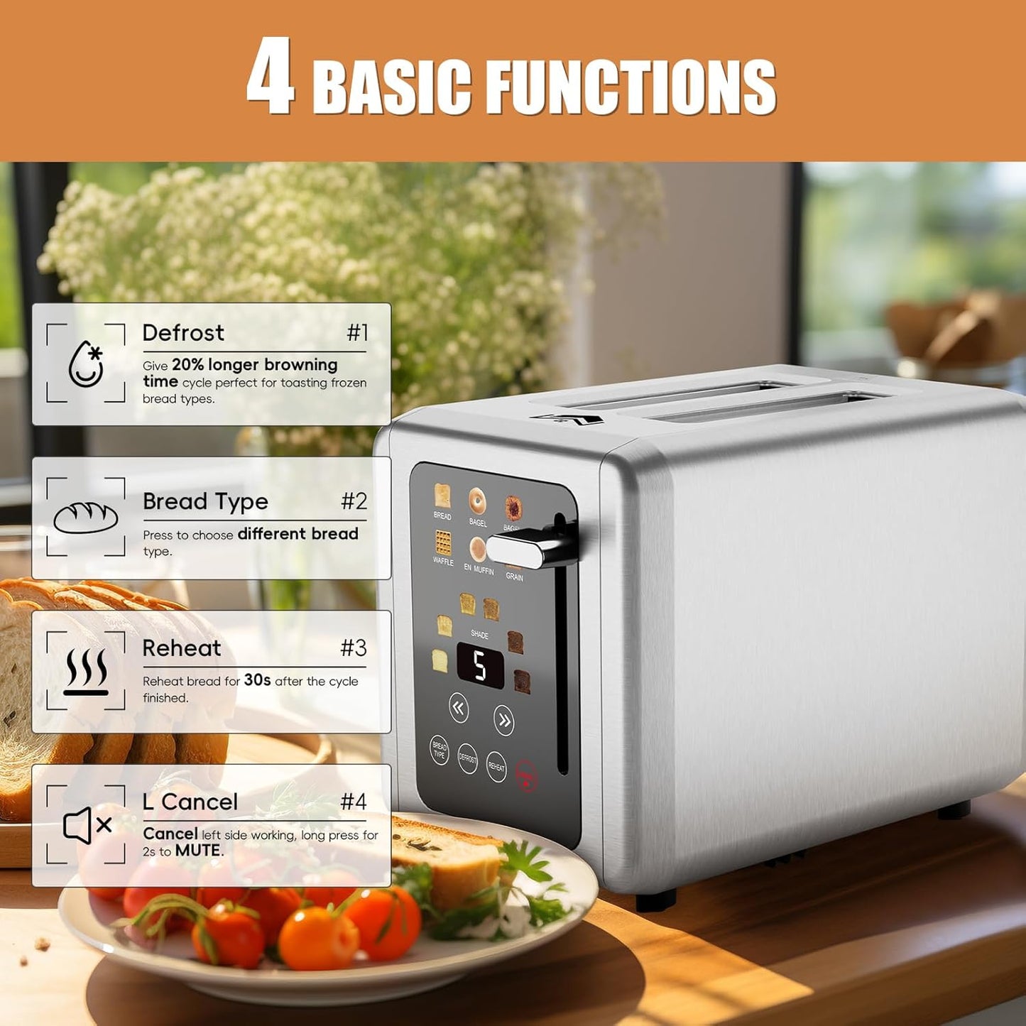 Touch screen Toaster 2 slice,Stainless Steel Digital Timer Toasters with Sound Function,6 Bread Types & 6 Shade Settings,Smart Extra Wide Slots Toaster with Bagel,Defrost Functions,Brushed steel