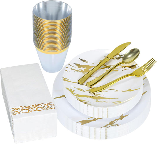 175pcs Gold Plastic Dinnerware Set – Elegant Disposable Plates, Cups, Utensils & Napkins for Wedding, Party, Birthday, Graduation