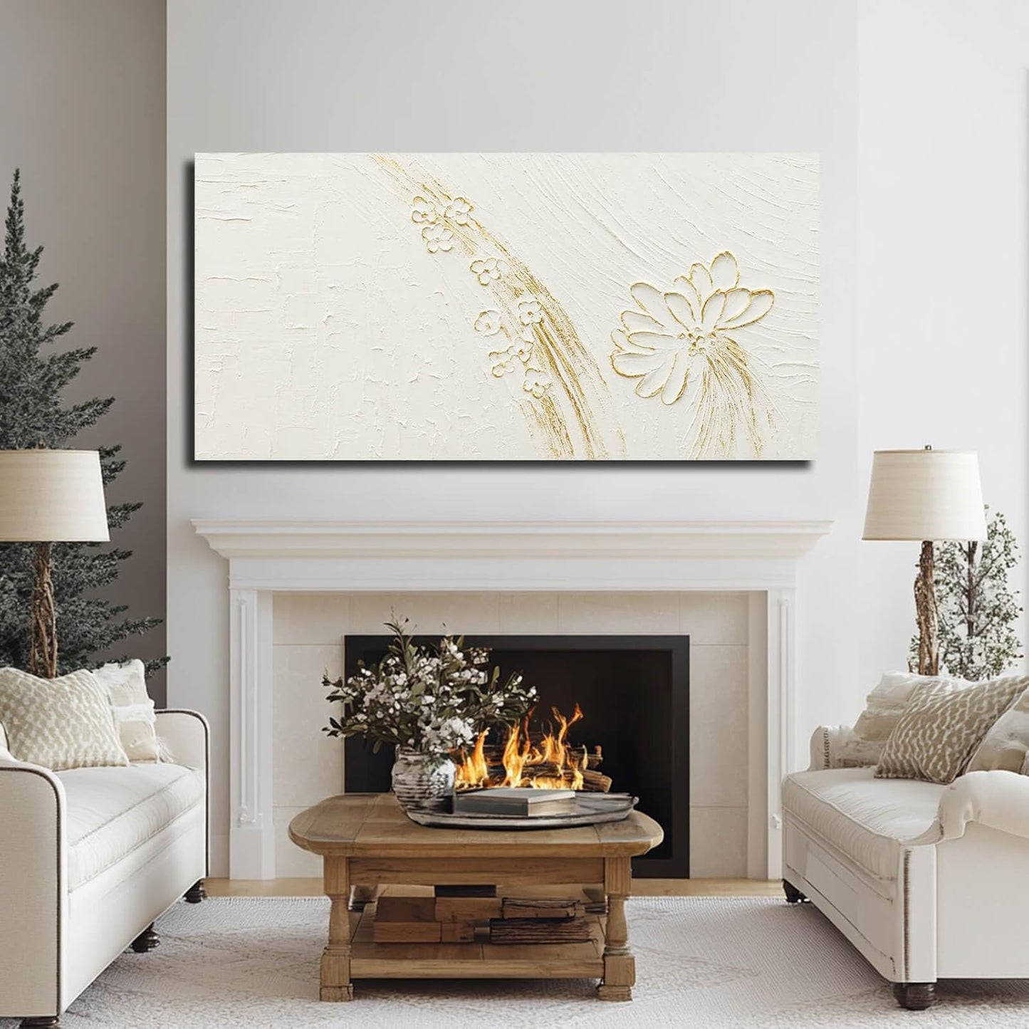 VAYIMDH Office Wall Art Flower Wall Decor Line Wall Painting 24"x48" Gold and White Canvas Paintings Wall Decorations for Bedroom