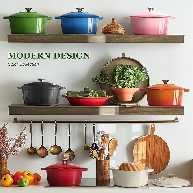 Overmont Enameled Cast Iron Dutch Oven - 5.5QT Pot with Lid Cookbook & Cotton Potholders - Heavy-Duty Cookware for Braising, Stews, Roasting, Bread Baking Green