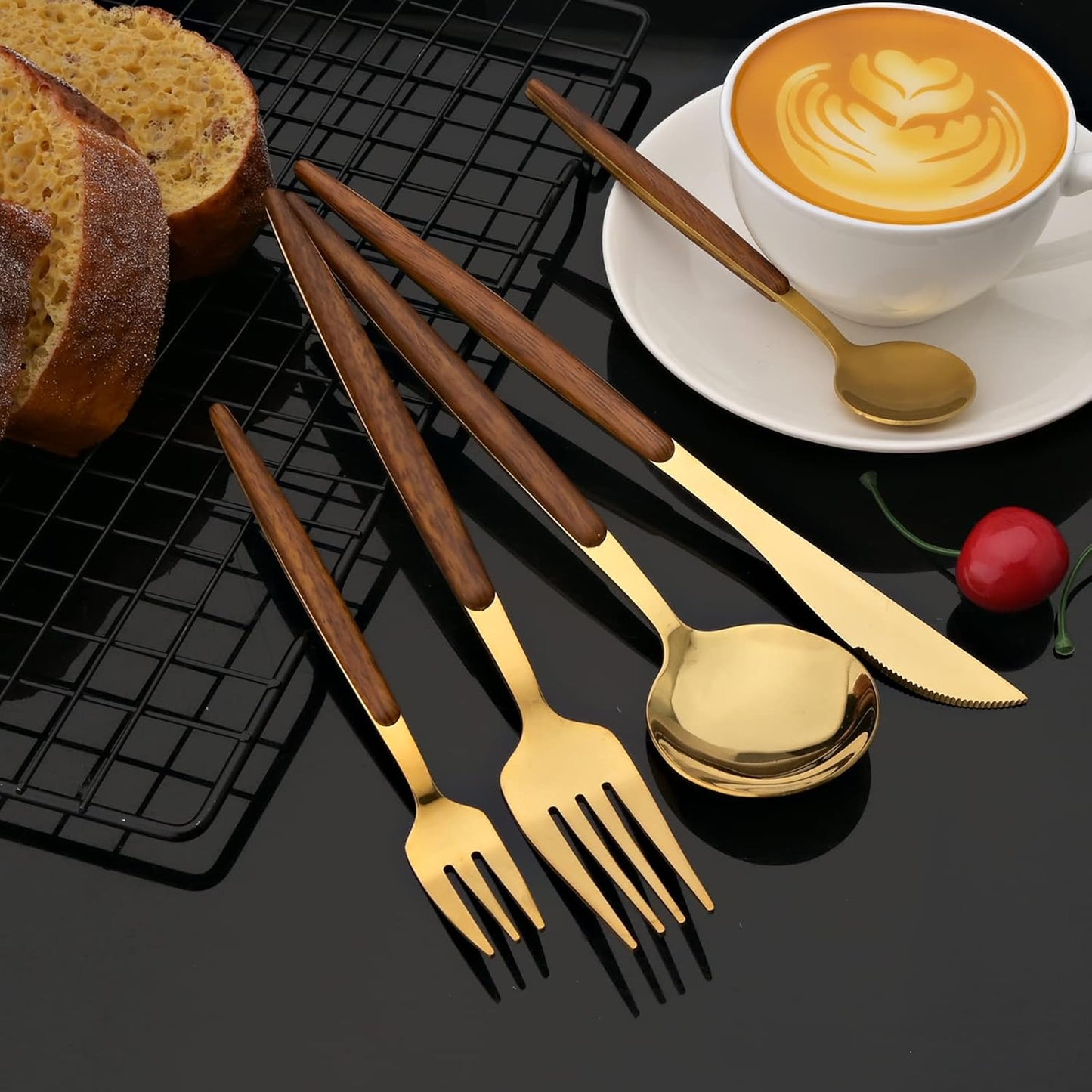 JASHII Wood Handle Flatware Set, 20 Pieces Stainless Steel Silverware Cutlery Set, Mirror Polished, Knife Fork Spoon Set, Dishwasher Safe - Pointed Head Gold