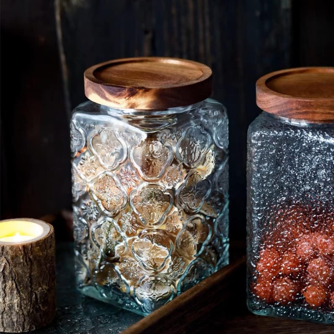 ANSQU Vintage Glass Storage Jar, 34 FL OZ Glass Food Storage Containers with Bamboo Wooden Lid, Airtight Cookie Jars for Kitchen Counter, Pantry, Cookie, Coffee, Tea, Sugar (Square Begonia)