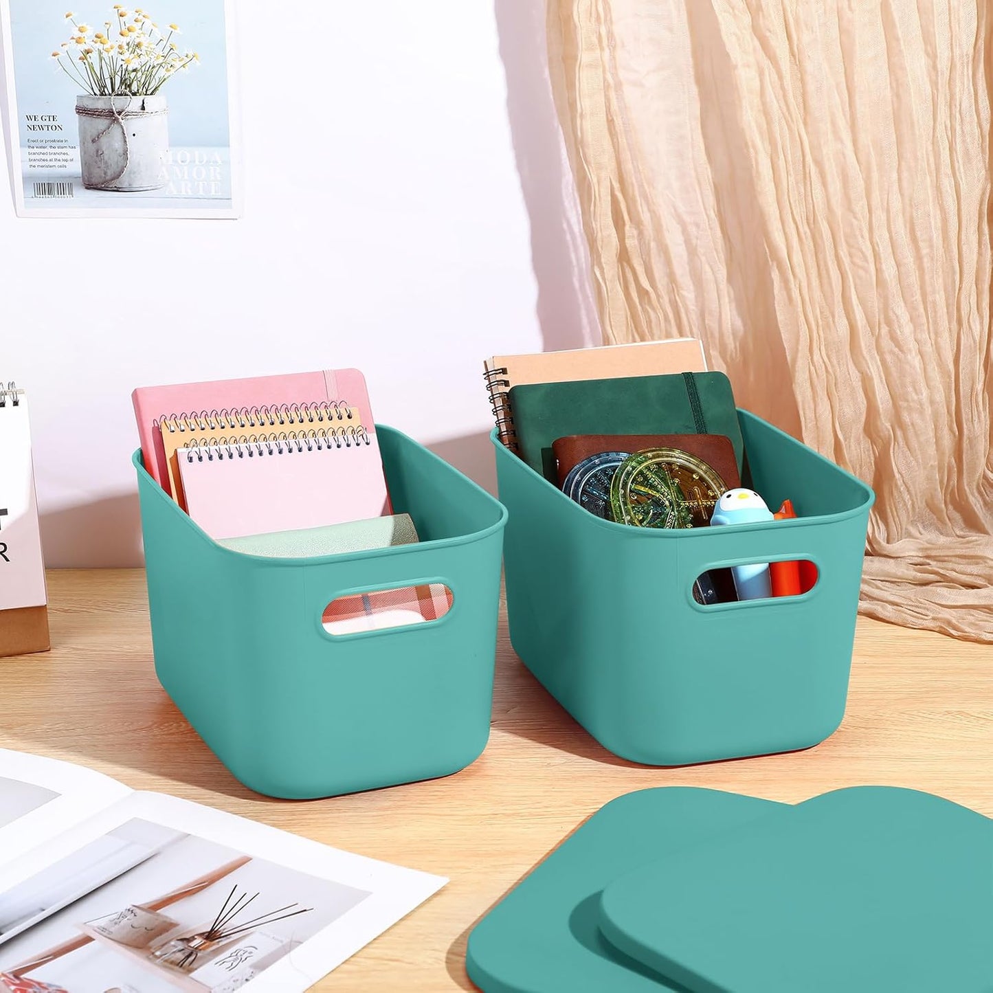 Hoolerry 8 Pieces Colorful Storage Bins with Lid, Plastic Storage Basket Organizing Container Stackable Box with Handle for Shelves Desktop Playroom Office(10.2 x 7 x 6.3 Inch,Green)