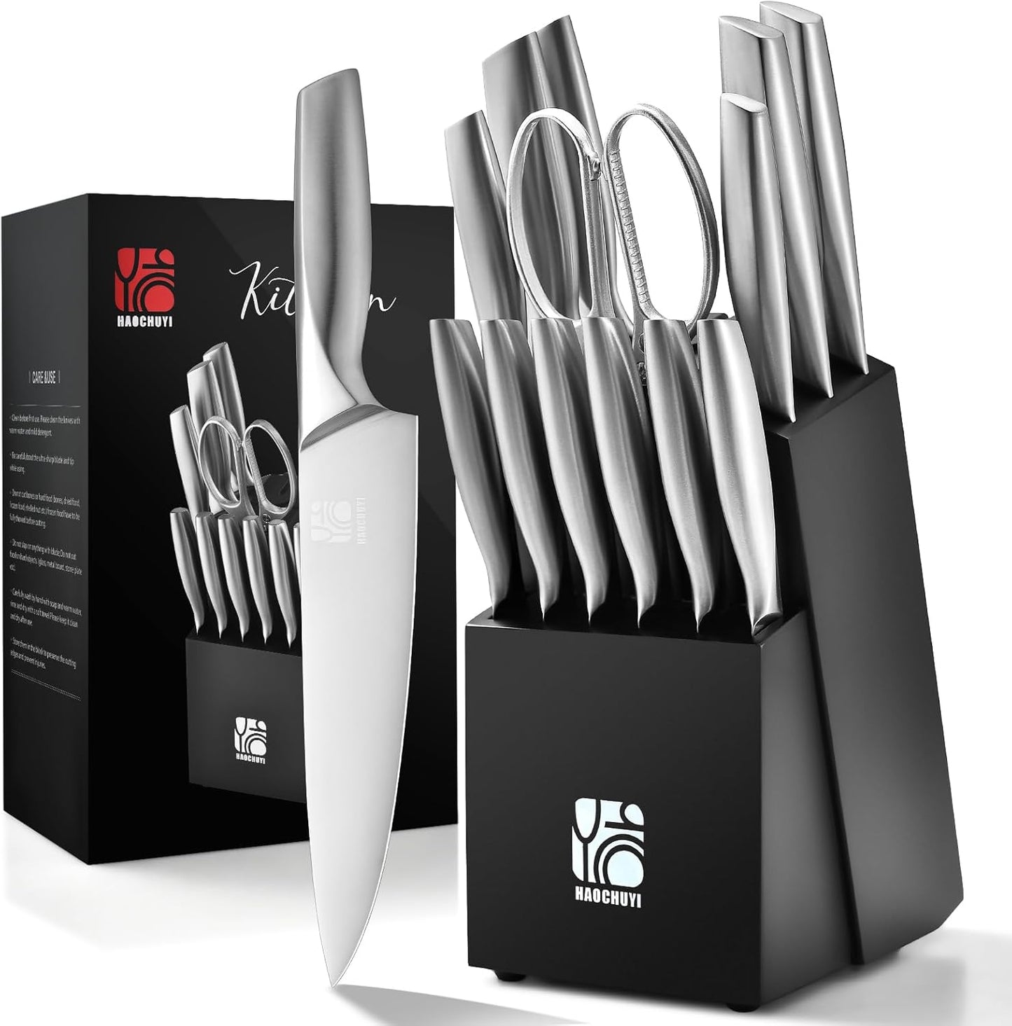 Premium Quality 14-Piece Knife Set with Block, Professional Chef Knife Set - Ultra-Sharp Kitchen Knives with Ergonomic Wood Handle, Ideal for Home, Outdoor, Camping, BBQ, and Gifts for Men