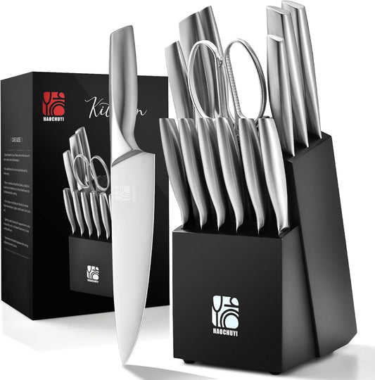Premium Quality 14-Piece Knife Set with Block, Professional Chef Knife Set - Ultra-Sharp Kitchen Knives with Ergonomic Wood Handle, Ideal for Home, Outdoor, Camping, BBQ, and Gifts for Men