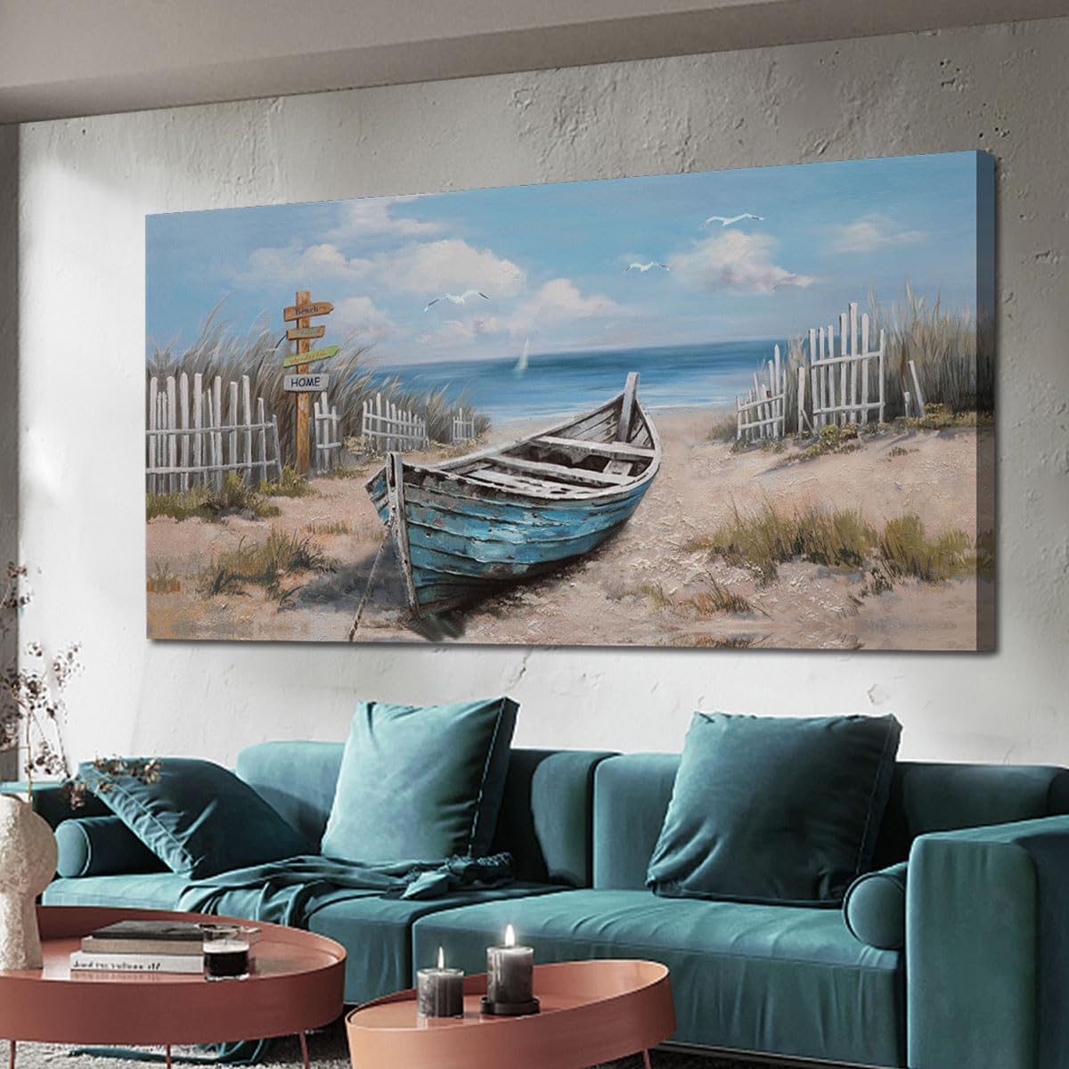 Ardemy Boat Canvas Wall Art for Living Room Large Teal Bedroom Pictures Wall Decor Textured Beach Paintings Artwork Dining Room Home Office Kitchen, 58"x29"