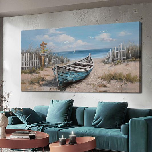 Ardemy Boat Canvas Wall Art for Living Room Large Teal Bedroom Pictures Wall Decor Textured Beach Paintings Artwork Dining Room Home Office Kitchen, 58"x29"