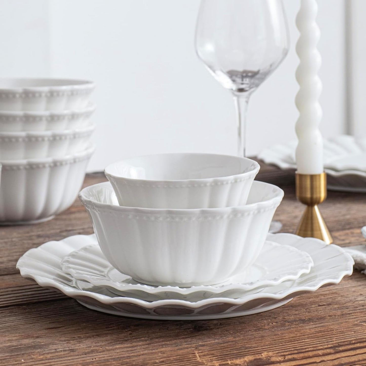 Dinnerware Sets, 24 Piece Porcelain Plates and Bowls Sets Service for 6, Ceramic tableware, Modern Bone China Dish Sets, Wavy Pattern