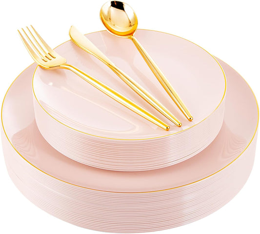 I00000 30 Guests Pink Plastic Plates for Party,Heavy Duty Pink Disposable Plates,Gold Dinnerware Set Include 30 Dinner Plates,30 Dessert Plates,30 Gold Plastic Silverware Set for Party.