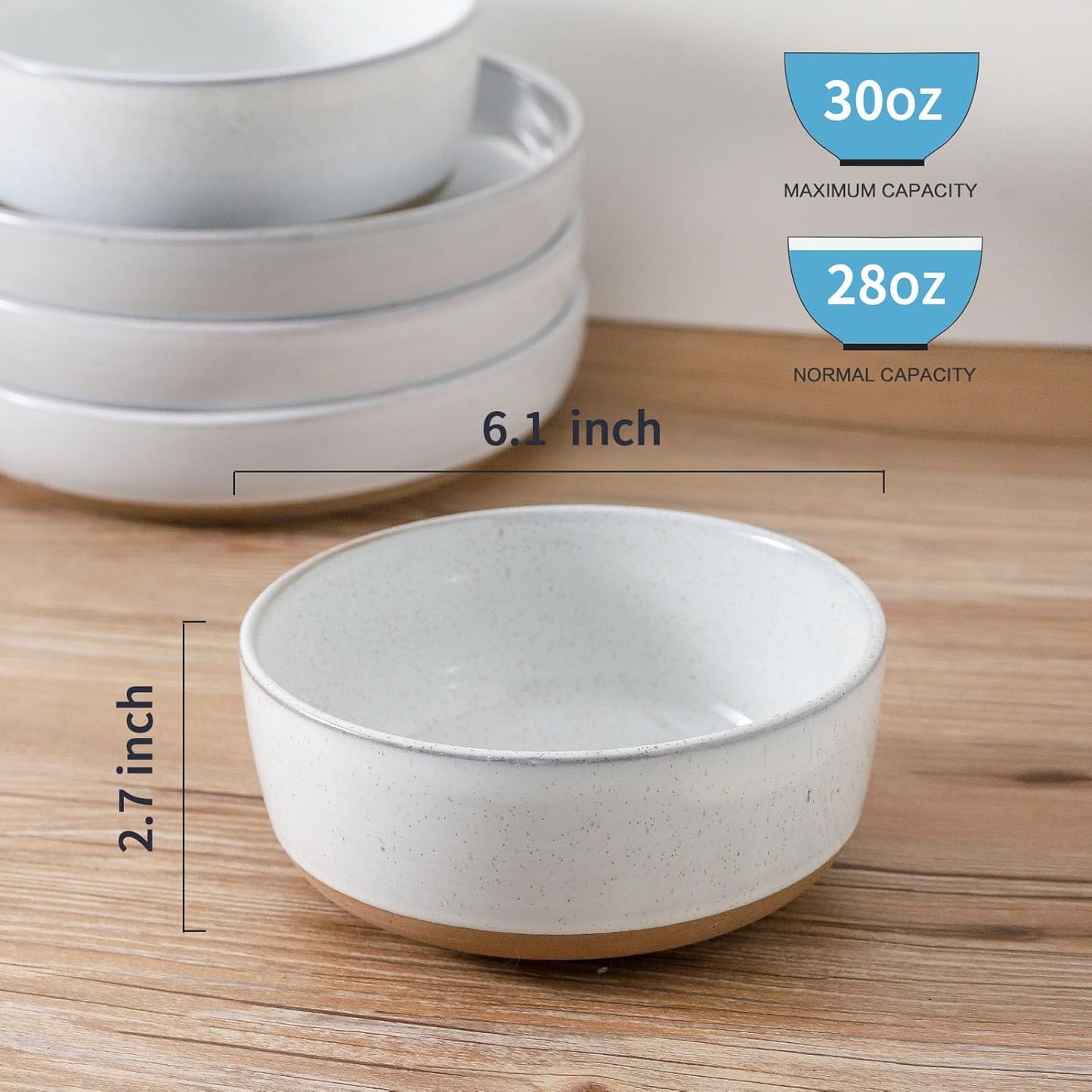 Hasense 30 OZ Cereal Bowls Set of 6, Stoneware Soup Bowls for Kitchen, 6 Inch Ceramic Bowls Microwave and Dishwasher Safe for Rice, Oatmeal, Noodle, Ramen, Salad, Fruit and Pasta, White