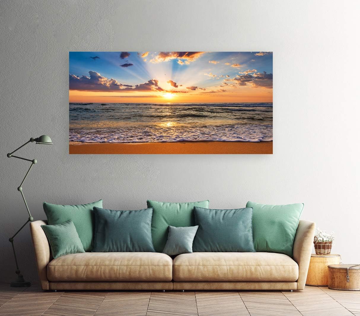 Muolunna BK1862 Wall Art Decor Large Canvas Print Picture Sunrise Ocean Beach 1 Panel Waves Scenery Painting Artwork for Office Wall Decor Home Decoration Stretched and Framed Ready to Hang XLarge