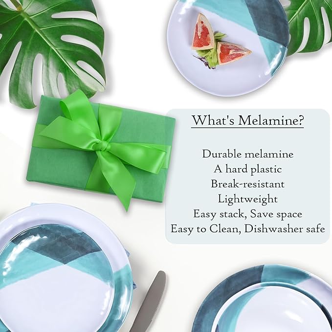 Melamine Plates and Bowls Set - 12pcs Dinnerware Dishes Set for 4, Dinner Plates for Indoor and Outdoor Use, Lightweight Break-resistant, Green & White